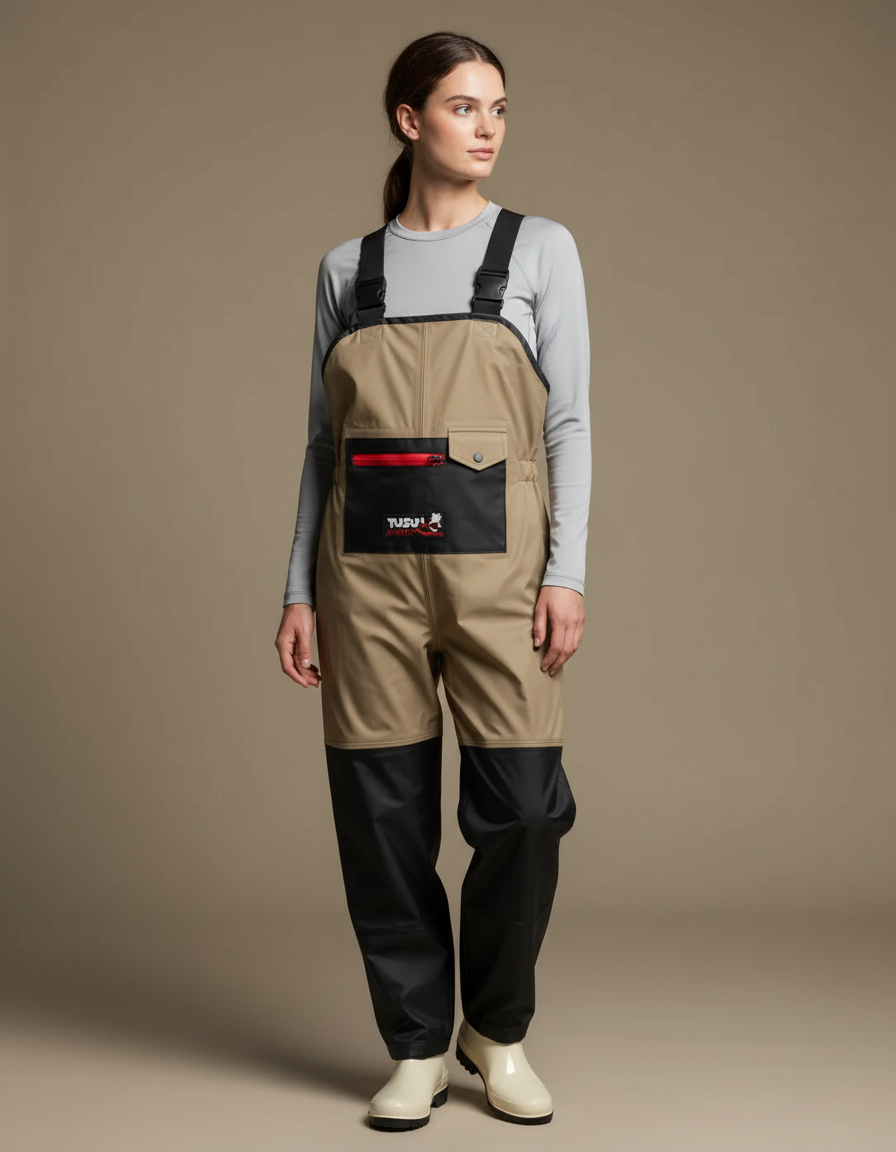 Pantalon De Pluie Bicolore Bretelles Imperméable Femme - Beige Polyester