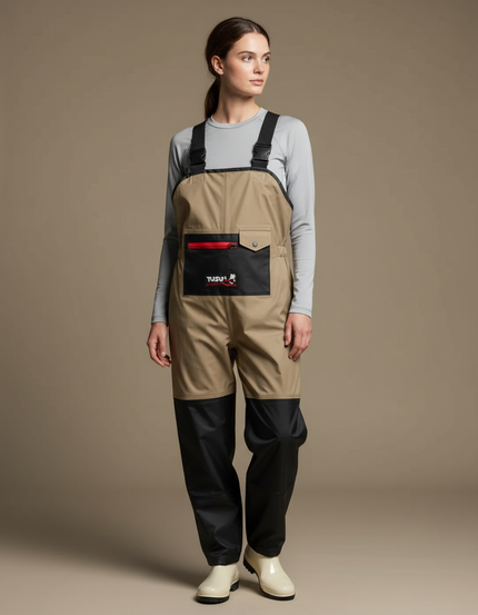 Pantalon De Pluie Bicolore Bretelles Imperméable Femme - Beige Polyester