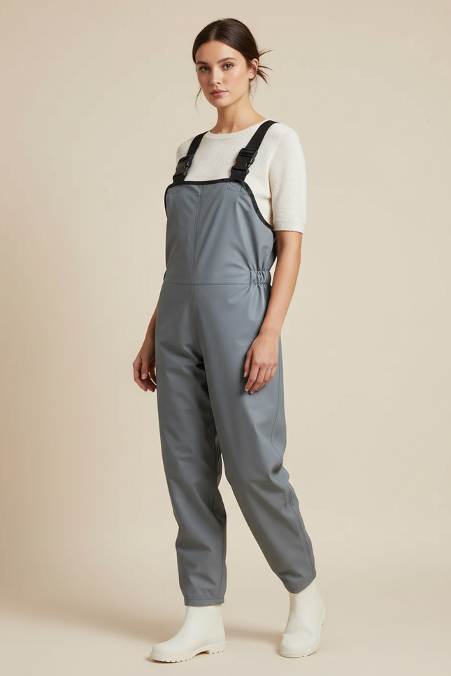 Pantalon De Pluie Gris Imperméable Bretelles Femme - Simili cuir