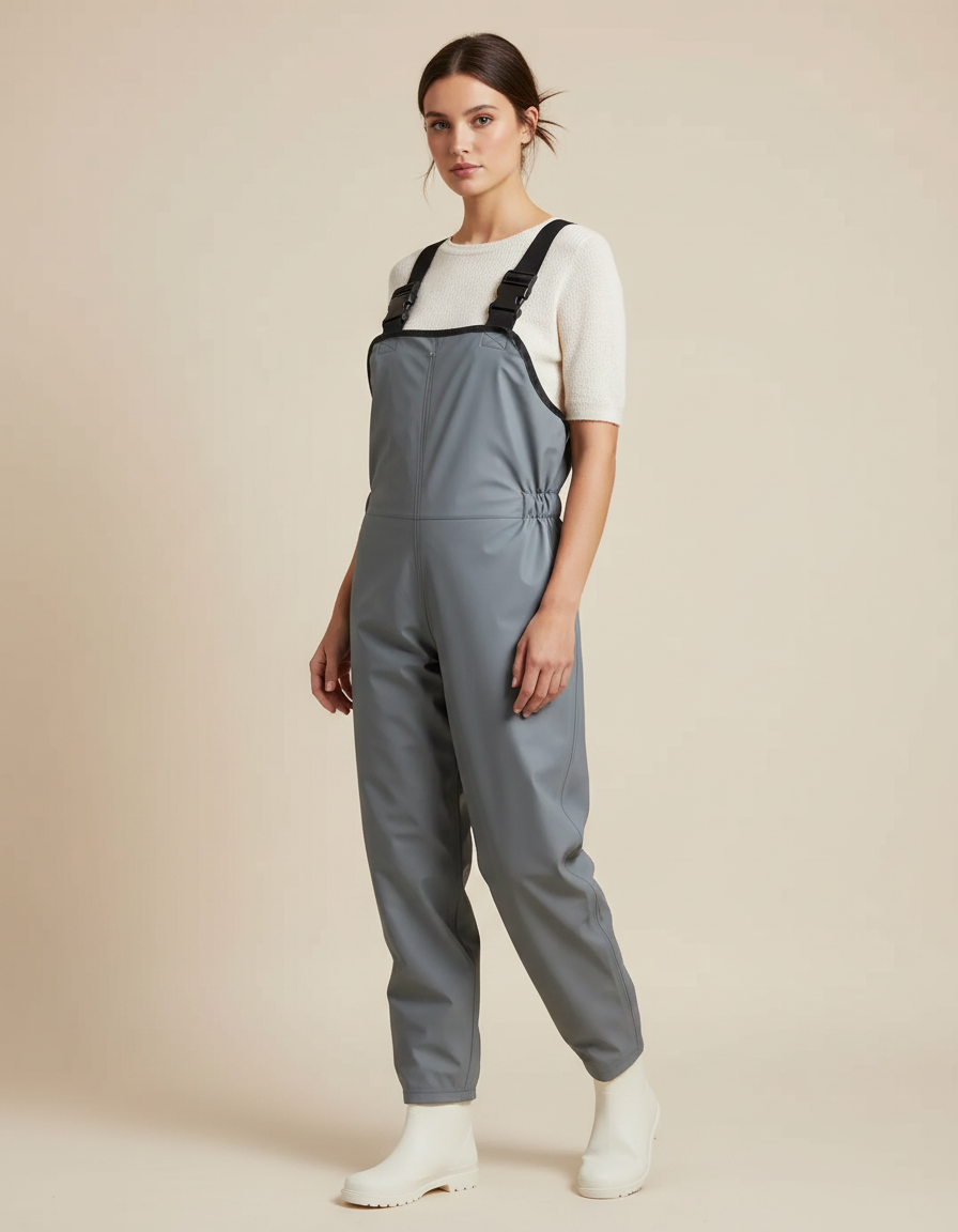 Pantalon De Pluie Gris Imperméable Bretelles Femme - Simili cuir