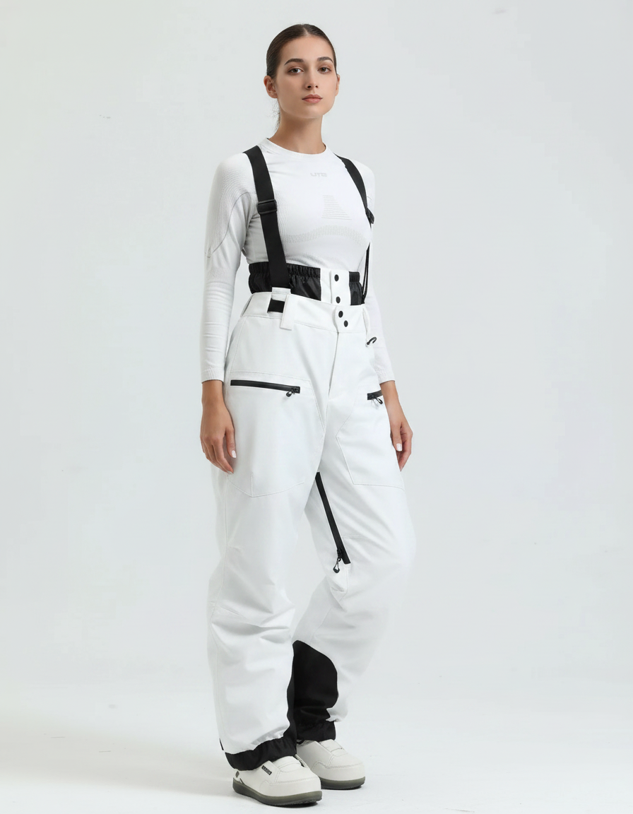 Pantalon De Pluie Blanc Bretelles Imperméable Ski Unisexe - Polyester