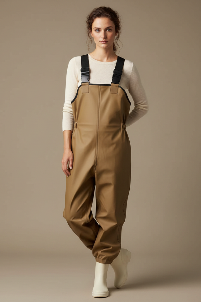 Pantalon De Pluie Beige Imperméable Bretelles Ample Femme - Simili cuir