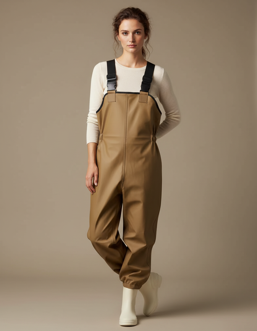 Pantalon De Pluie Beige Imperméable Bretelles Ample Femme - Simili cuir