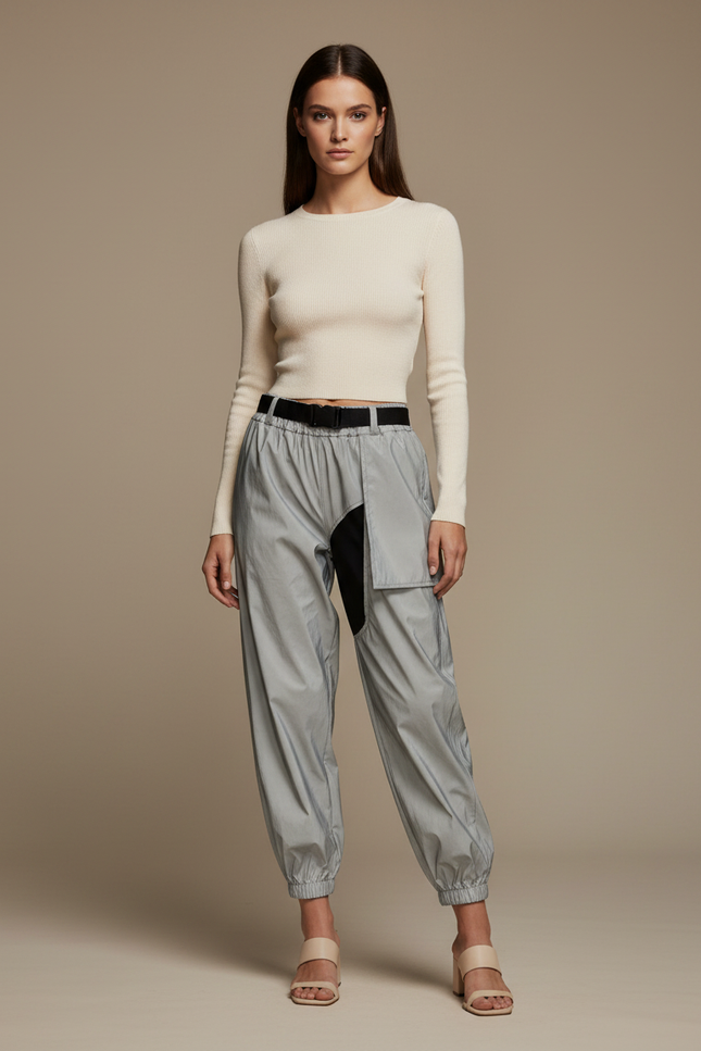 Pantalon De Pluie Gris Réfléchissant Cargo Ample Femme - Polyester