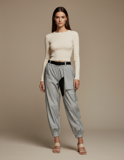 Pantalon De Pluie Gris Réfléchissant Cargo Ample Femme - Polyester