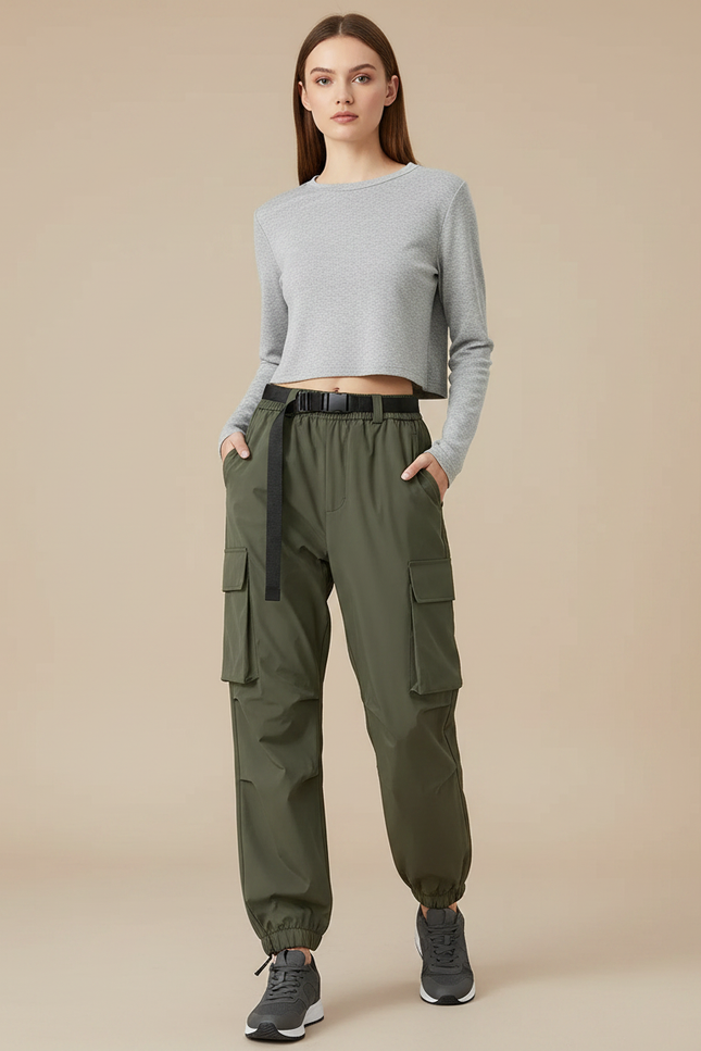 Pantalon De Pluie Vert Cargo Ample Ceinturé Femme - Kaki Polyester