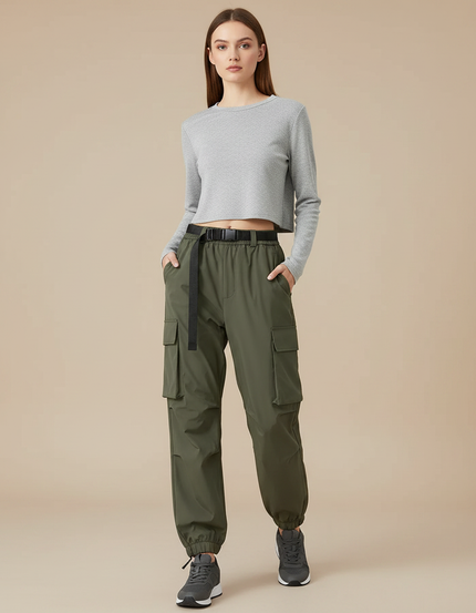 Pantalon De Pluie Vert Cargo Ample Ceinturé Femme - Kaki Polyester