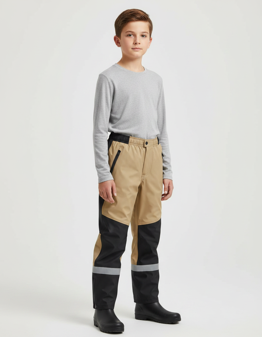 Pantalon De Pluie Enfant Imperméable Réfléchissant Bicolore - Beige Polyester