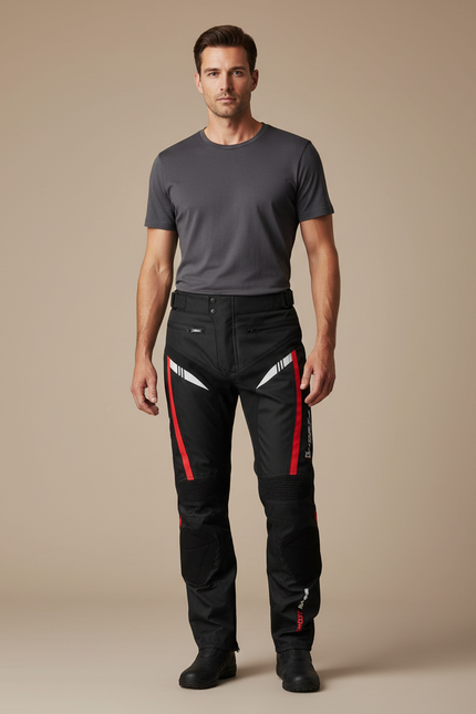 Pantalon De Pluie Noir Imperméable Sportif Bandes Rouges Blanches - Polyester