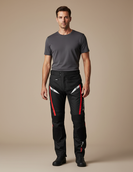 Pantalon De Pluie Noir Imperméable Sportif Bandes Rouges Blanches - Polyester