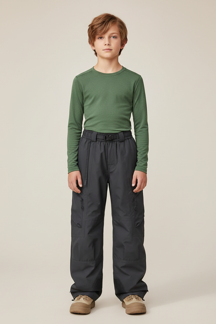 Pantalon De Pluie Gris Foncé Cargo Ample Ceinturé Enfant - Polyester