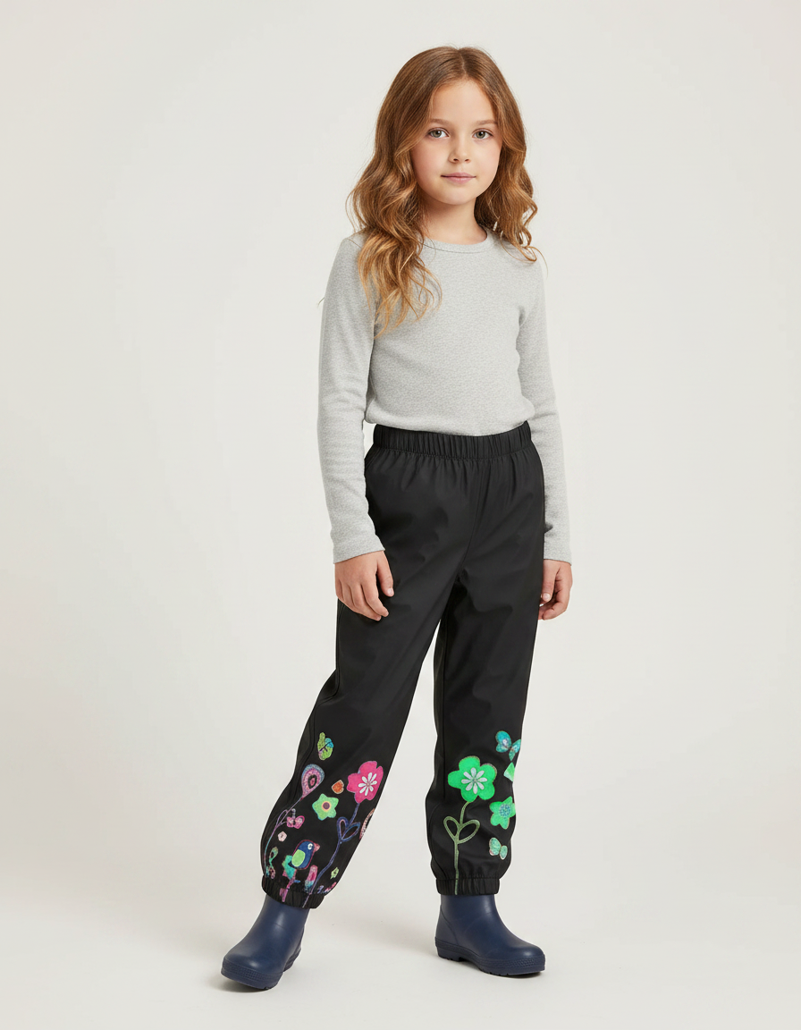 Pantalon De Pluie Noir Imperméable Motifs Floraux Colorés Enfant - Polyester