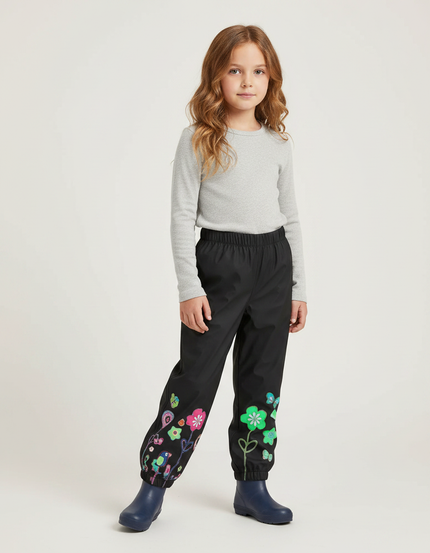 Pantalon De Pluie Noir Imperméable Motifs Floraux Colorés Enfant - Polyester