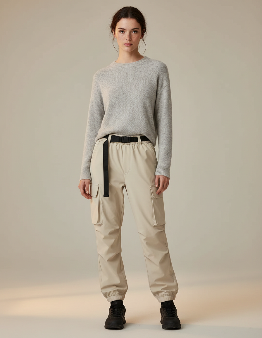 Pantalon De Pluie Beige Cargo Élastique Femme - Polyester