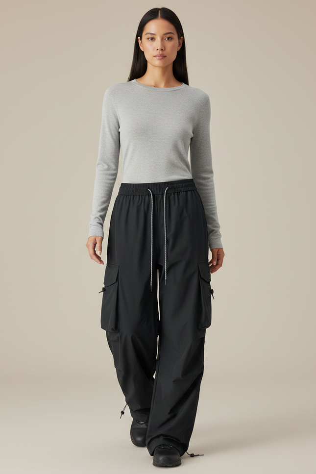 Pantalon De Pluie Noir Cargo Ample Femme Respirant - Polyester