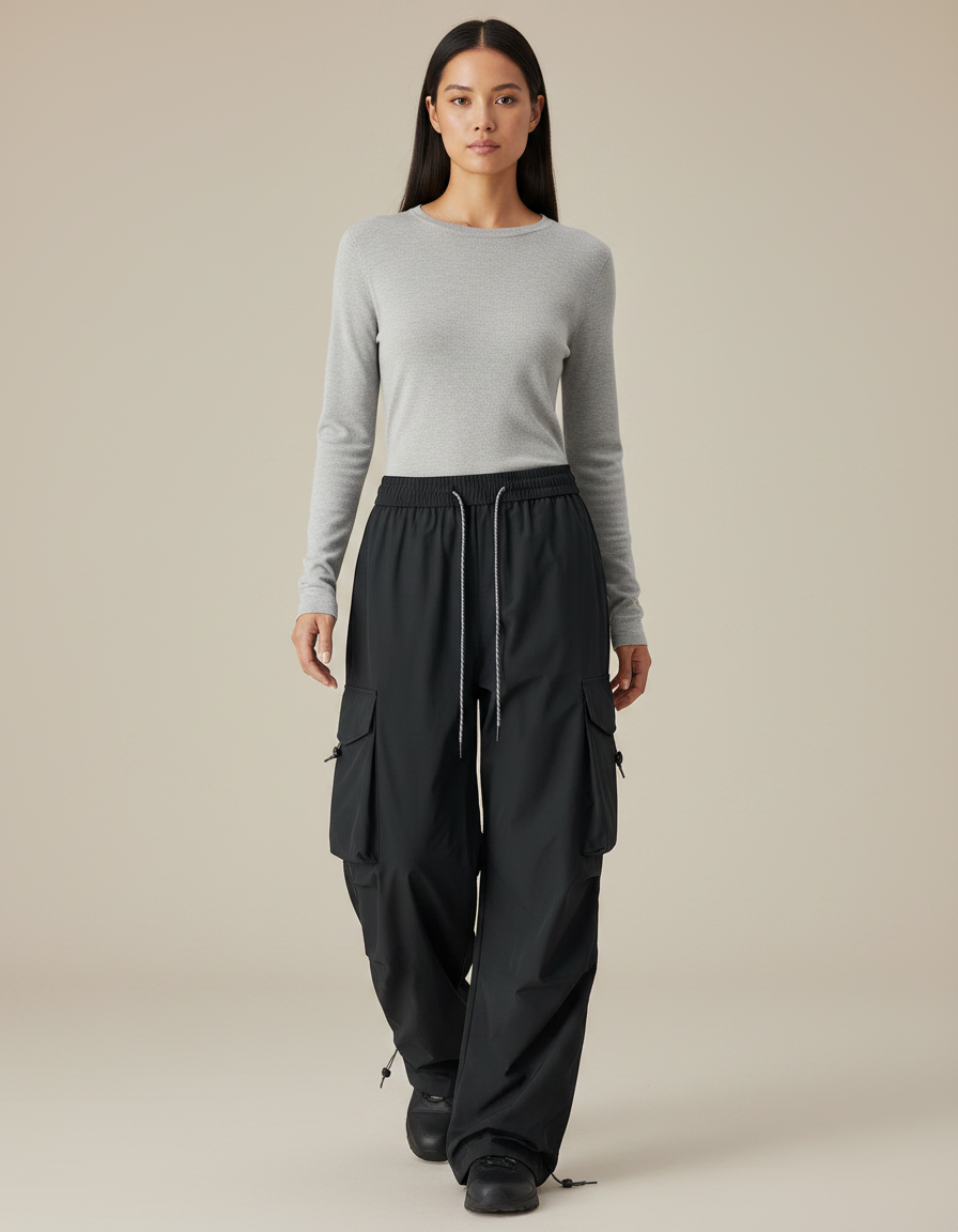 Pantalon De Pluie Noir Cargo Ample Femme Respirant - Polyester