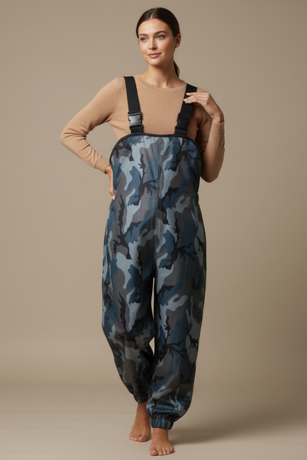 Pantalon De Pluie Camouflage Bleu Bretelles Imperméable Femme - Polyester