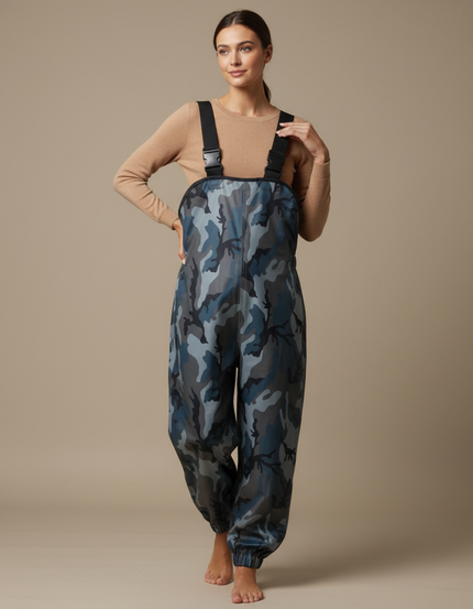 Pantalon De Pluie Camouflage Bleu Bretelles Imperméable Femme - Polyester