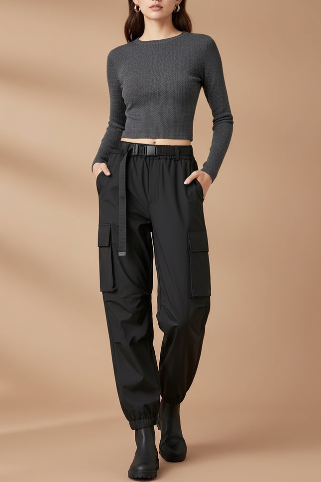 Pantalon De Pluie Noir Cargo Ample Ceinturé Femme - Polyester