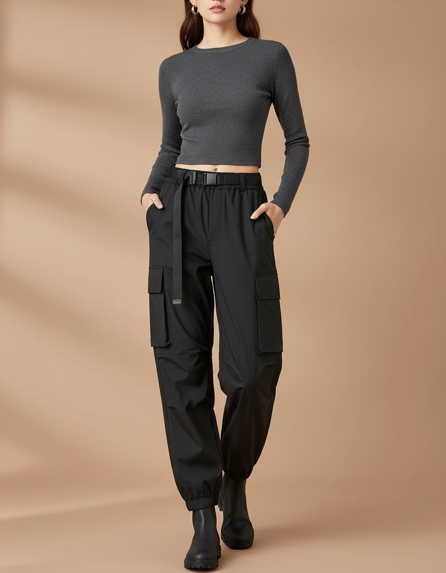 Pantalon De Pluie Noir Cargo Ample Ceinturé Femme - Polyester