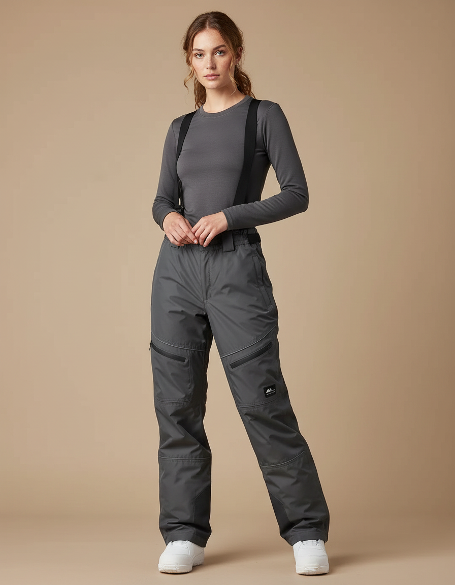 Pantalon De Pluie Gris Imperméable Bretelles Ski Femme - Polyester