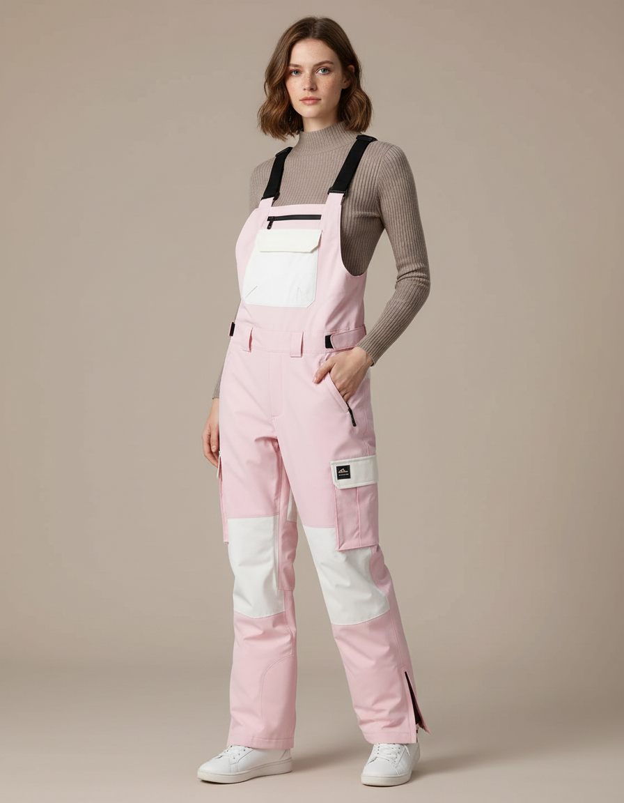 Pantalon De Pluie Rose Blanc Ample Bretelles Imperméable Femme - Polyester