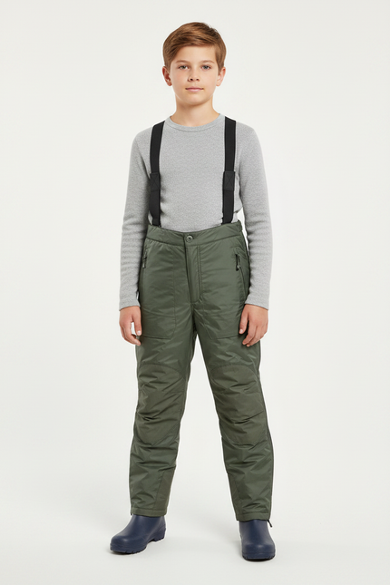 Pantalon De Pluie Vert Olive Rembourré Bretelles Enfant - Kaki Polyester