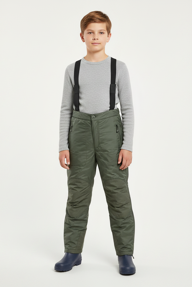 Pantalon De Pluie Vert Olive Rembourré Bretelles Enfant - Kaki Polyester