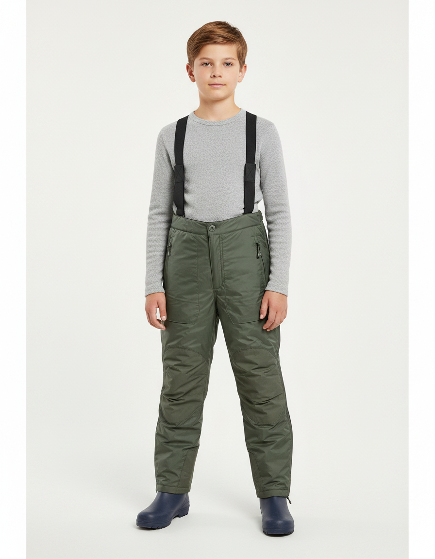 Pantalon De Pluie Vert Olive Rembourré Bretelles Enfant - Kaki Polyester