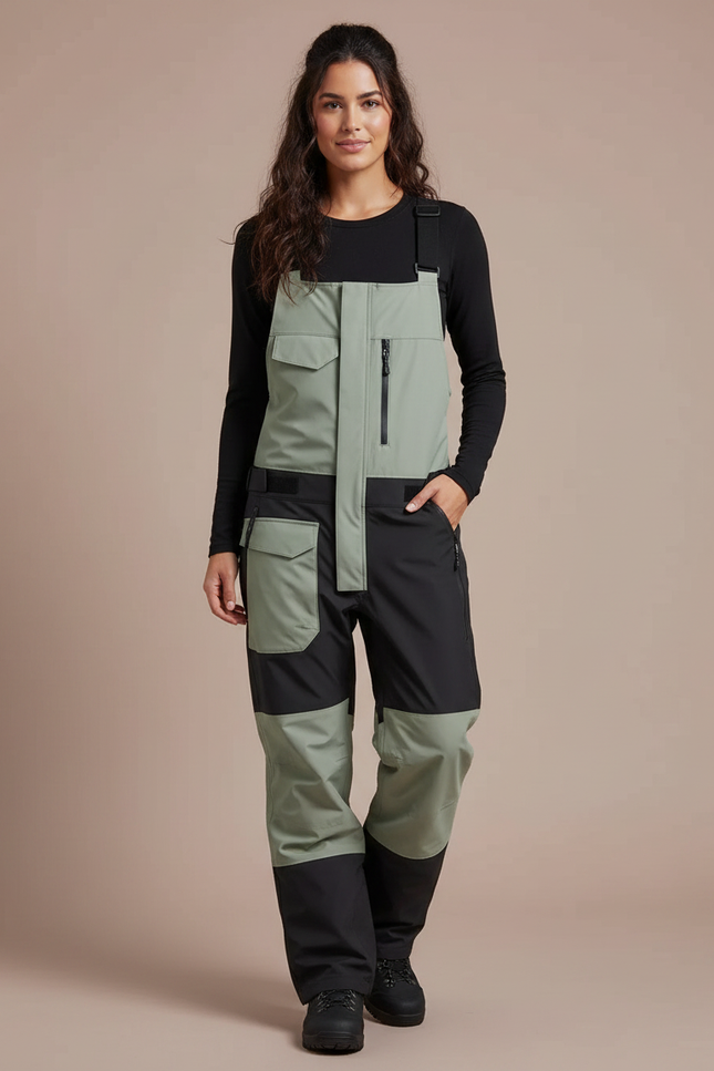 Pantalon De Pluie Vert Noir Bretelles Imperméable Ski Femme - Polyester