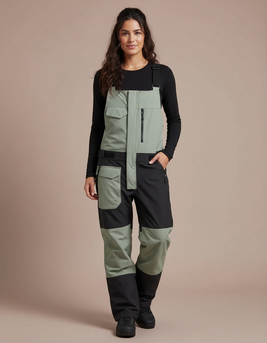 Pantalon De Pluie Vert Noir Bretelles Imperméable Ski Femme - Polyester