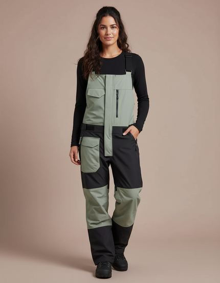 Pantalon De Pluie Vert Noir Bretelles Imperméable Ski Femme - Polyester