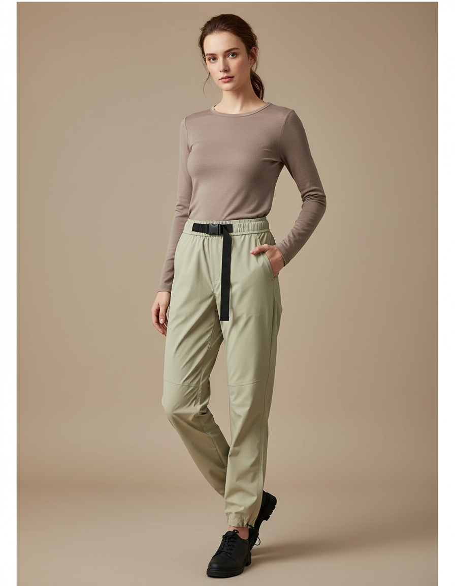 Pantalon De Pluie Léger Kaki Ample Ceinturé Femme - Polyester