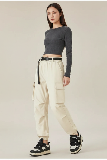 Pantalon De Pluie Beige Cargo Ample Ceinturé Femme - Gabardine