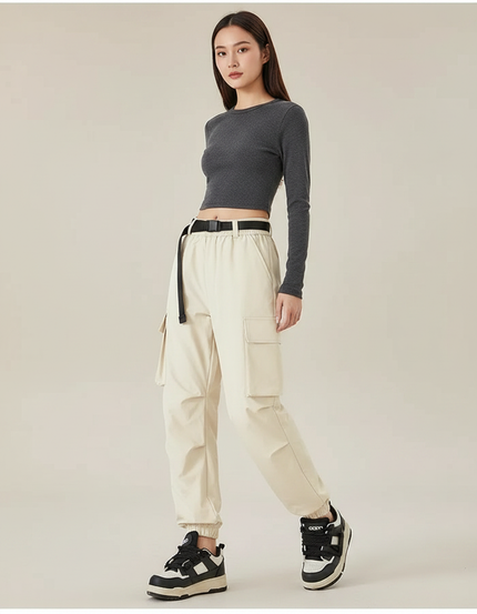 Pantalon De Pluie Beige Cargo Ample Ceinturé Femme - Gabardine