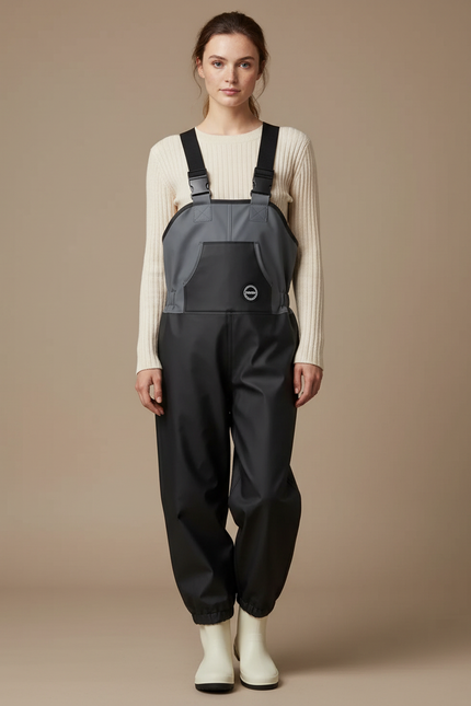 Pantalon De Pluie Noir Gris Bretelles Imperméable Femme - Polyester