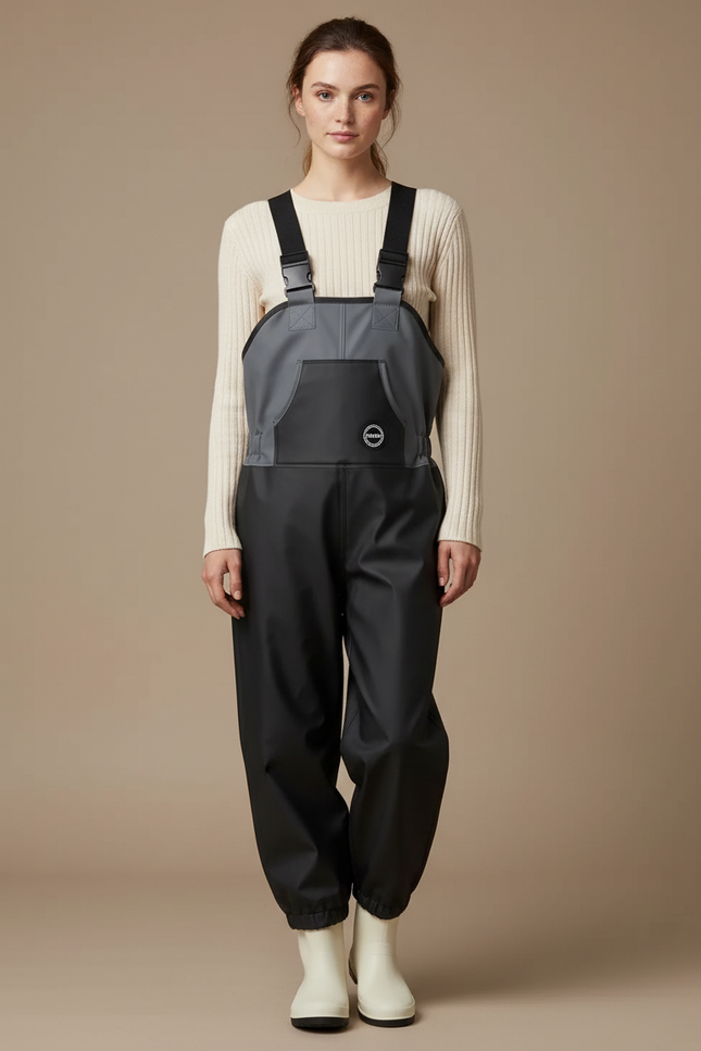 Pantalon De Pluie Noir Gris Bretelles Imperméable Femme - Polyester