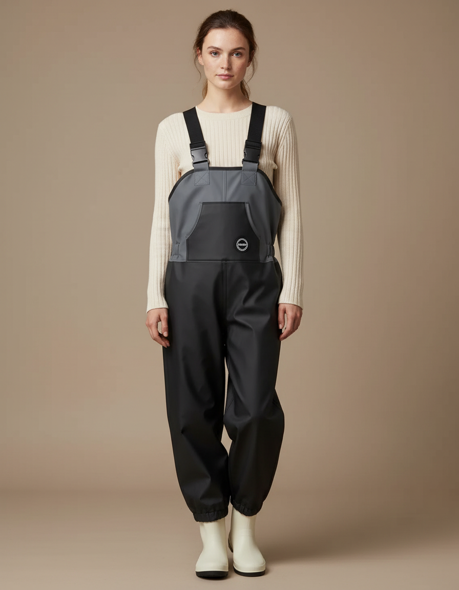 Pantalon De Pluie Noir Gris Bretelles Imperméable Femme - Polyester