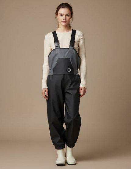 Pantalon De Pluie Noir Gris Bretelles Imperméable Femme - Polyester