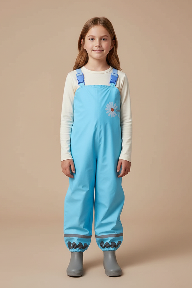Pantalon De Pluie Bleu Imperméable Bretelles Enfant Fleur - Polyester