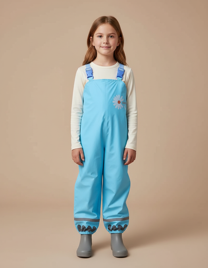 Pantalon De Pluie Bleu Imperméable Bretelles Enfant Fleur - Polyester