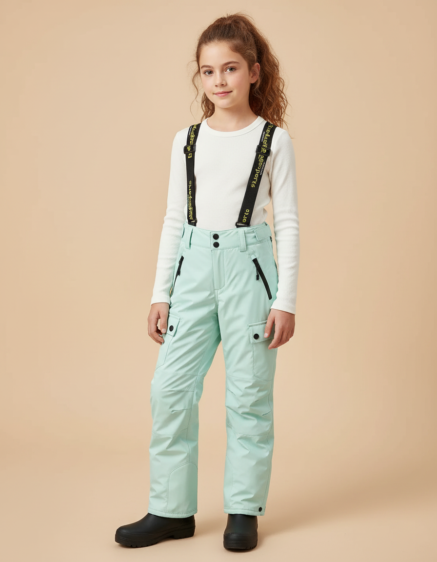 Pantalon De Pluie Vert Menthe Imperméable Enfant Cargo Bretelles - Polyester