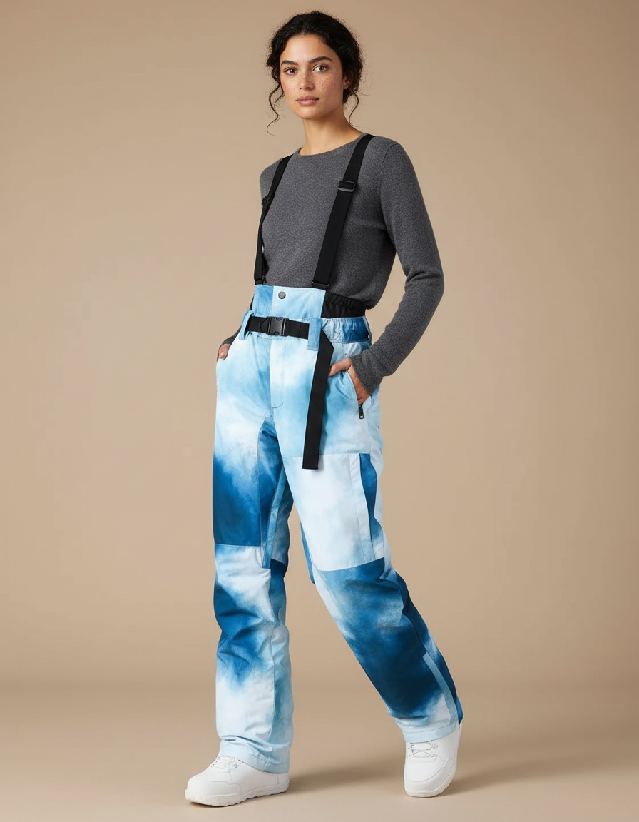 Pantalon De Pluie Dégradé Ample Imperméable Bretelles Ski - Bleu Polyester
