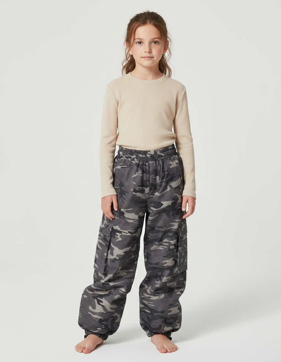 Pantalon De Pluie Camouflage Gris Enfant Imperméable Cargo - Polyester