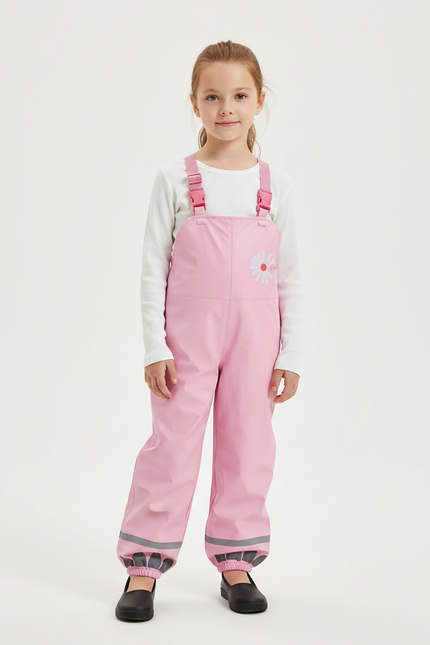 Pantalon De Pluie Rose Bretelles Imperméable Enfant Motif Fleur - Polyester