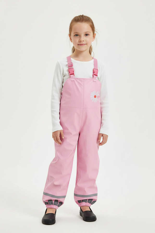 Pantalon De Pluie Rose Bretelles Imperméable Enfant Motif Fleur - Polyester