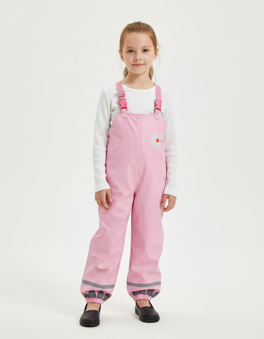 Pantalon De Pluie Rose Bretelles Imperméable Enfant Motif Fleur - Polyester