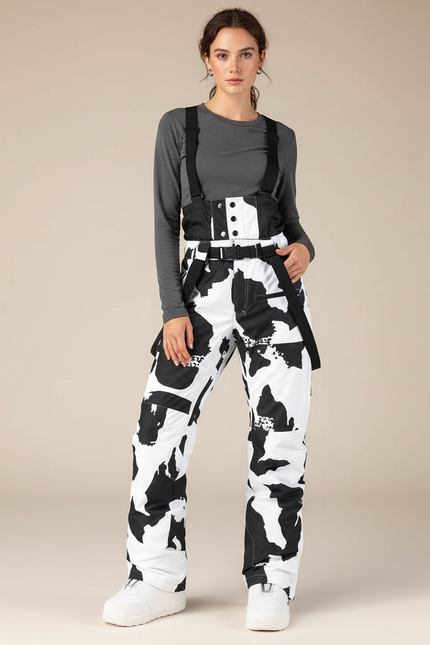 Pantalon De Pluie Noir Blanc Imprimé Ample Bretelles Ski - Polyester