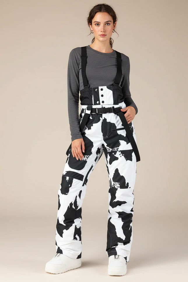 Pantalon De Pluie Noir Blanc Imprimé Ample Bretelles Ski - Polyester