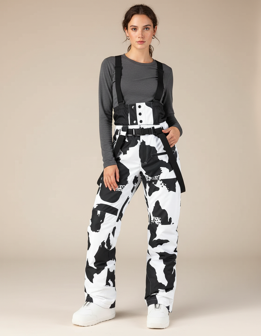 Pantalon De Pluie Noir Blanc Imprimé Ample Bretelles Ski - Polyester
